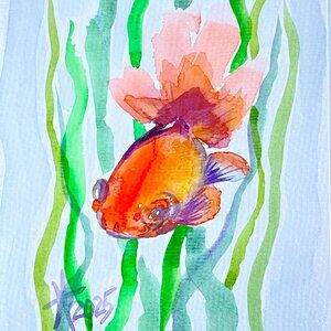 Fluffy Goldfish Original Wall Art Fish Watercolor Painting Matted 8x10in